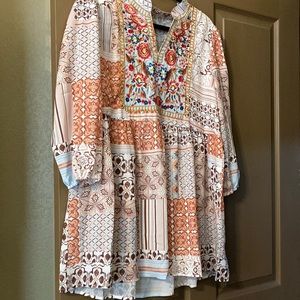 Boho Embroidered V-Neck Babydoll Top/Dress NWOT